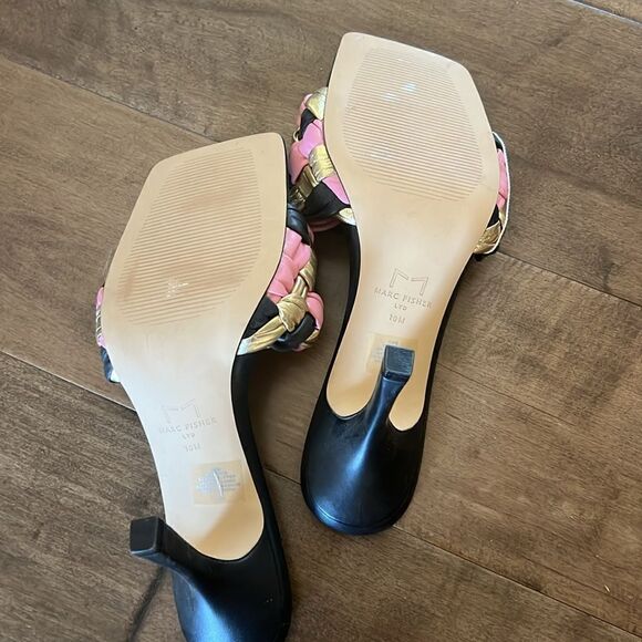 Marc Fisher Square-Toe Heeled Mules Open Toe Black Pink Gold Woven Leather NEW - Picture 5 of 7